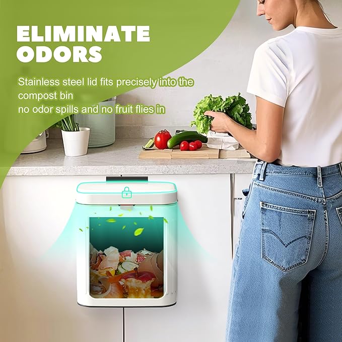 GloDeals Kitchen Trash Can with Lid, 2 in 1 Small Garbage Can Compost Bin Countertop, Wall-Mounted Under Sink Indoor Trash Bin for Kitchen, Bathroom, Cabinet Trash Can Hanging (4L, White/1.05 Gal)