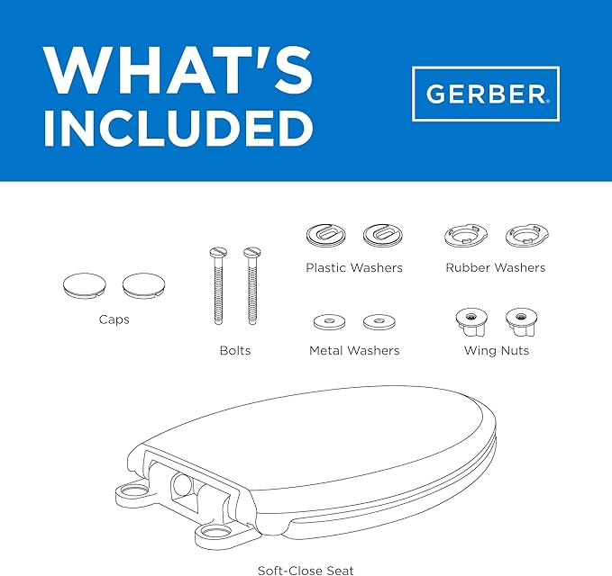 Gerber Round Front Toilet Seat with Cover, Soft Close, No Slam, Quick & Easy Install, Heavy-Duty Plastic, Durable & Fade-Resistant, White GC550129