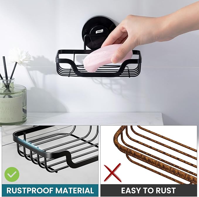 TAILI Soap Holder Bar Dish Suction Cup, Bar Shampoo Rack for Shower Wall, Draining Soap Saver Tray for Bathroom, Rustproof Stainless Steel Sponge Holder for Tub, Kitchen, Drill-Free, Black