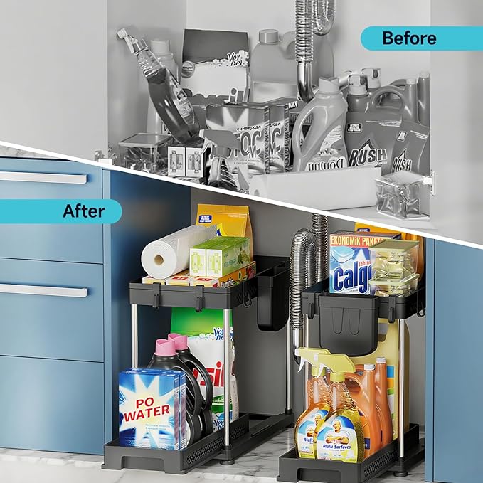 Under Sink Organizer, 2 Tier Pull Out Cabinet Organizer with Hooks Hanging Cup, Easy Installation & Rust-resistant, Multi-Purpose Storage Shelf for Kitchen Bathroom Pantry (Black, 2 Pack)