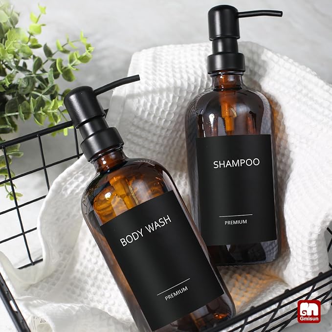 GMISUN Amber Glass Soap Dispenser, 2 Pack Bathroom Hand Soap Dispensers with Stainless Steel Pump, 17 Fl Oz Kitchen Hand and Dish Soap Dispenser Set, Modern Vintage Liquid Brown Soap Dispensers Bottle