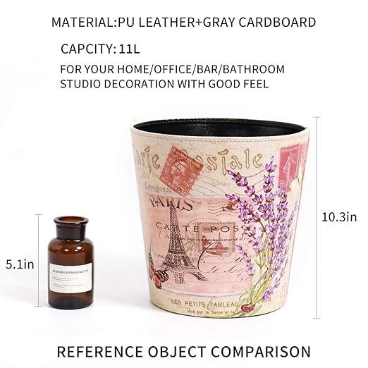PU Leather Small Trash Can Wastebasket, Round Garbage Container Basket for Bathrooms, Laundry Room, Kitchens, Offices, Kids Rooms, Bedrooms,Dorms,Home Decorative Art Bin, 2.9 Gallon(Lavender Design)