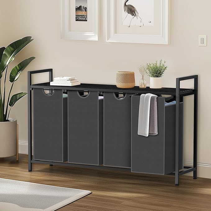 Laundry Hamper, Laundry Sorter with 4 Pull-Out Removable Oxford Fabric Bags Cloth Laundry Basket 4 x 10 Gallons (Grey and Charcoal Black)