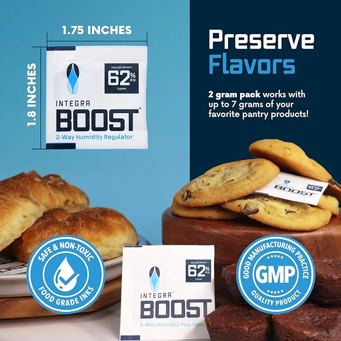 Integra Boost 2-Way Humidity Control Pack – Patented Technology for Humidity Control – Preserve Flavor & Maintain 62% RH – Moisture Absorber for Herbs, Spices & More – 2 Gram (Pack of 6)