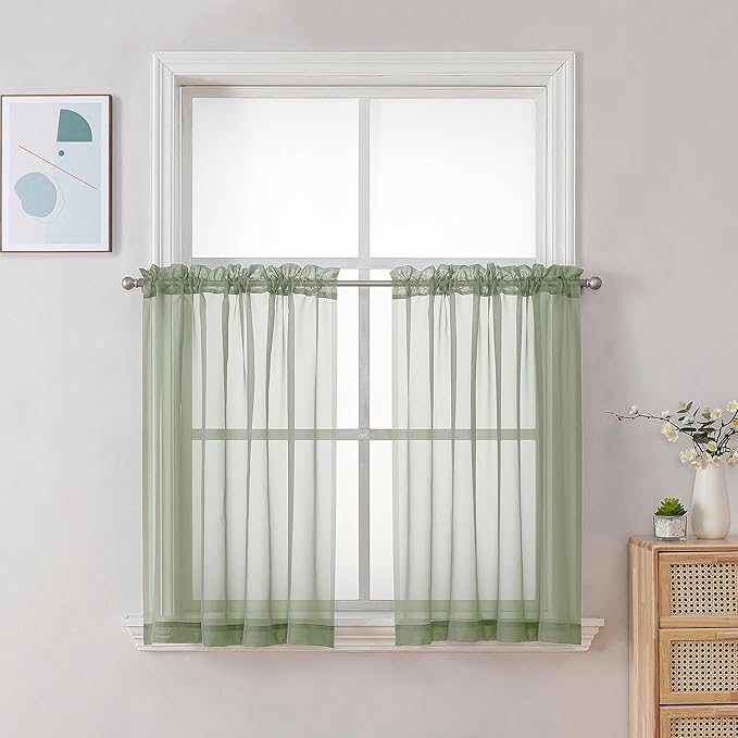 Chyhomenyc Sheer Curtains Tiers 42W x 24L Inches 2 Pieces Set, Light Filtering Small Curtains, Short Bathroom Living Room Cafe Basement Voile Window Curtain, Rod Pocket, Sage Green