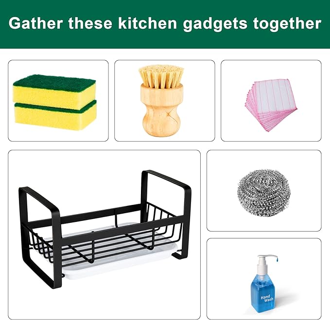 TEZZ Sponge Holder for Kitchen Sink- Stainless Steel Kitchen Sink Caddy for Organizing Sponge, Brush & Soap Dish Dispenser, coutertop Organizer Rack with Adhesive or Counter top, Black