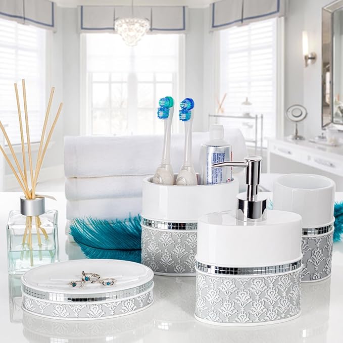 Creative Scents Mirror Damask Soap Dish for Bathroom, Decorative Dry Bar Holder, Best Dishes for Sink/Bath/Shower Decor (Gray & White)