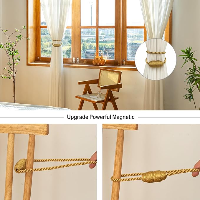 Magnetic Curtain Tiebacks Rope Curtain Tie Backs for Curtains 8 Pack Curtain Holders for Drapes Decorative Window Curtain Holdbacks, Gold