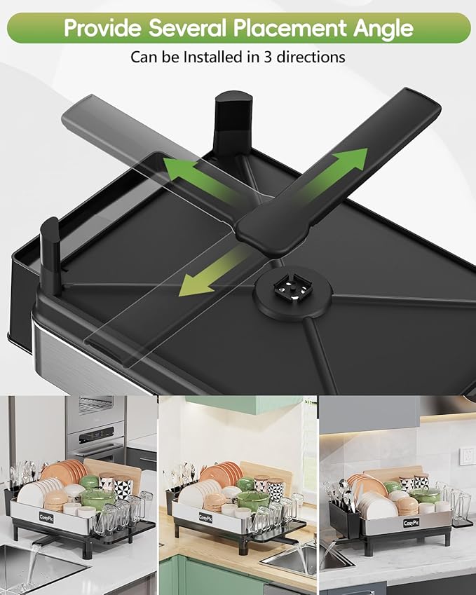 Dish Racks, Thicker Premium 304 Stainless Steel Dish Drying Rack for Kitchen Counter, Automatic Drainage Spout, Dish Drainer & Drainboard Set with Utensil Holder and Cup Holder, Black