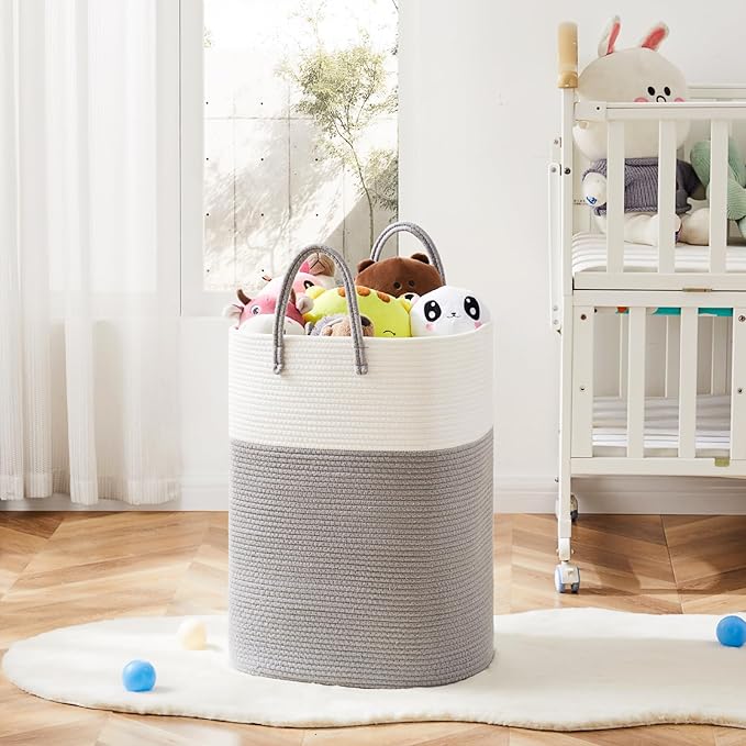 Laundry Basket,Woven Cotton Rope Laundry Hamper,Versatile Storage for Dirty Clothes,Baby Toys,and Blankets in Bathroom, Nursery,and Living Room (Grey, 100L)