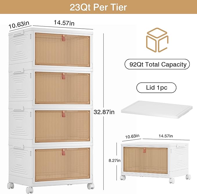 VECELO 3 Tier Storage Bins with Lid, Stackable Storage Boxes with Magnetic Doors & Wheels, Foldable Storage Containers, 23 QT Closet Organizers and Storage for Living Room, Office, Dorm