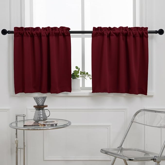 Pickluc Rod Pocket Tier Curtain - Half Blackout Curtain for Kitchen, Bathroom, Cabinet, Basement, 42 Inches Wide and 36 Inches Long, Burgundy Red, 2 Panels