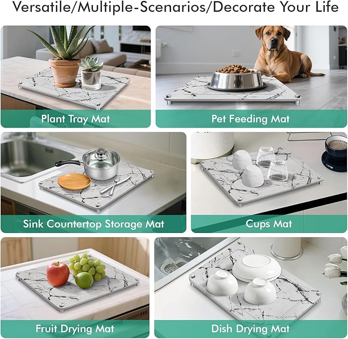 Stone Drying Mat For Kitchen Counter Superb Absorbent Diatomaceous Earth Mats with Non-Slip Feet Quick Dry Stone Dish Drying Pad Dish Pad Multi-Purpose(Marble-LightGray, 15.7" x 11.8")