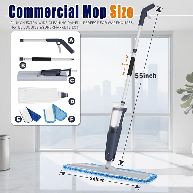 24" Microfiber mop for Floor Cleaning System, Commercial Heavy-Duty Wet Dry mops with Spray Mode, 28oz Tank, 2 Washable Pads, for Kitchen, Lobby, Pool, Factory, Office
