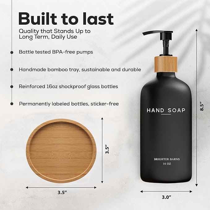 Black Glass Hand Soap Dispenser Bathroom Set by Brighter Barns - Bathroom Soap Dispenser Set with Tray - Glass Pump Bottle - Luxury Bathroom Accessories for Hotel, Vacation Rental, Restaurants (Black)