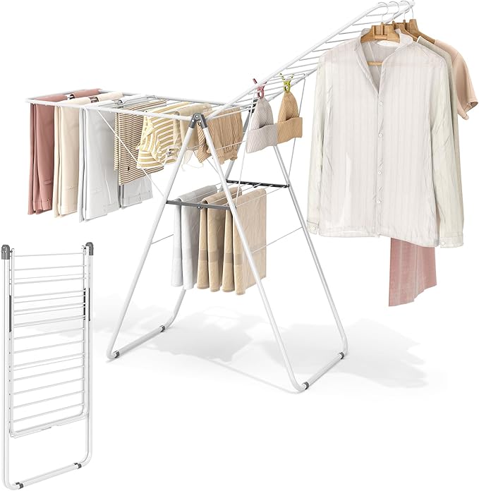 KINGBOARD Clothes Drying Rack Foldable, Metal Drying Rack Clothing with Height-Adjustable, Laundry Rack, Indoor Outdoor Use, No Assembly, 20.47"x 70"x 42.52", White