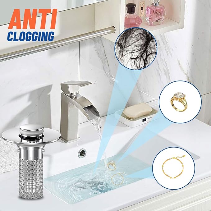 2PC Bathroom Sink Stopper Hair Catcher, Pop Up Sink Drain Filter with Removable Stainless Steel Filter Basket Hair Catcher, for US Bathroom Sink Stopper Replacement.