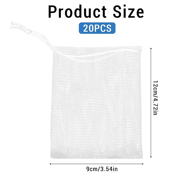 Mozeat Lens 20 PCS Exfoliating Mesh Soap Saver Pouch Bag Mesh Soap Bag Handmade Soaps Bubble Meshs Net Bags with Drawstring Meshs Foaming Net Soaps Sack Bags for Bath & Shower
