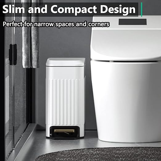 CEROELDA Small Bathroom Trash Can with Lid Soft Close-5L/1.3 Gal Slim Garbage Can-Metal Step Wastebasket-Rectangle Narrow Waste Bin for Office, Bedroom, Toilet, Live Room (Embossed-White)