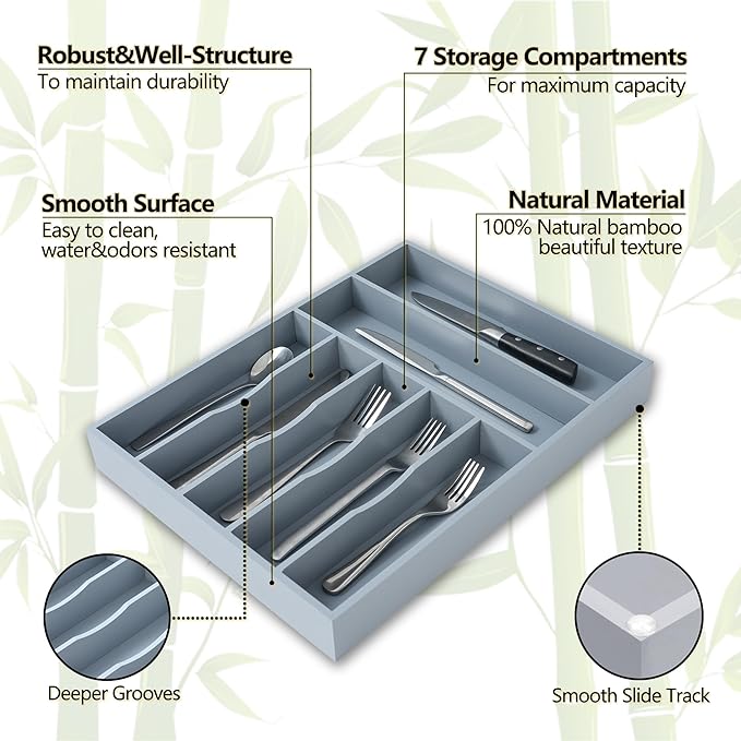 Silverware Organizer, 12.5 Inch Utensil Organizer Kitchen Drawer Organizer Bamboo Silverware Holder Cutlery Tray Organizer in Drawer Flatware Organizer Tray(7 slots, Gray）