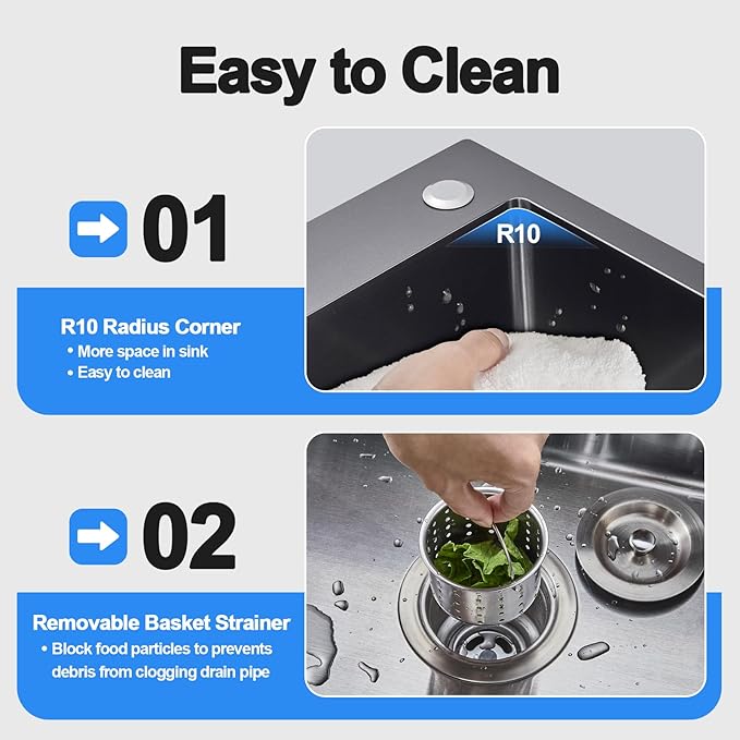 22x18 Inch Drop in Kitchen Sink, Handmade 304 Black Stainless Steel Sink, 9" Deep Single Bowl, Topmount with 2 Holes, R10 Tight Corner, for Modern Kitchen/RV/Bar Sink