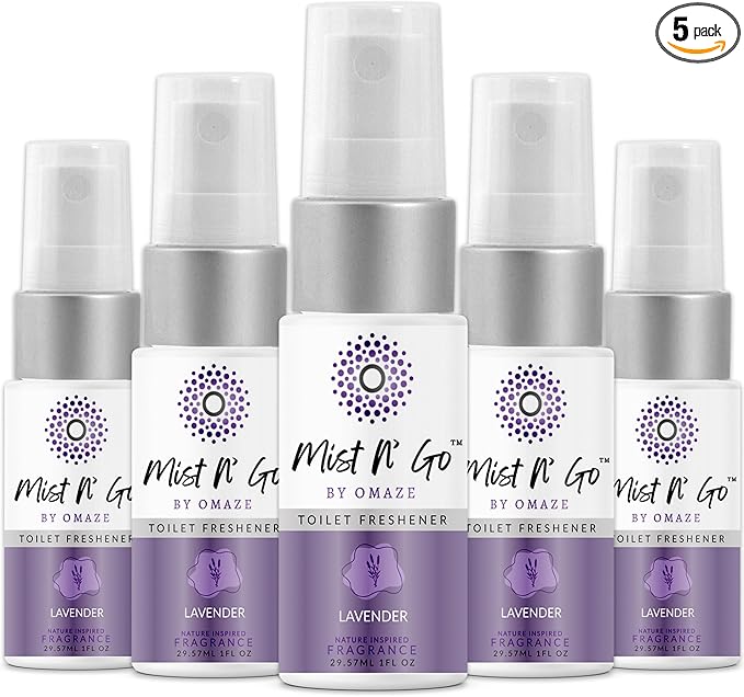 Mist N’ Go by Omaze Travel Bathroom Spray for Toilet Spray Odor Eliminator - Travel Toilet Spray for Bathroom Air Freshener Spray for Bathroom Deodorizer - Lavender Travel Size (1oz x5)