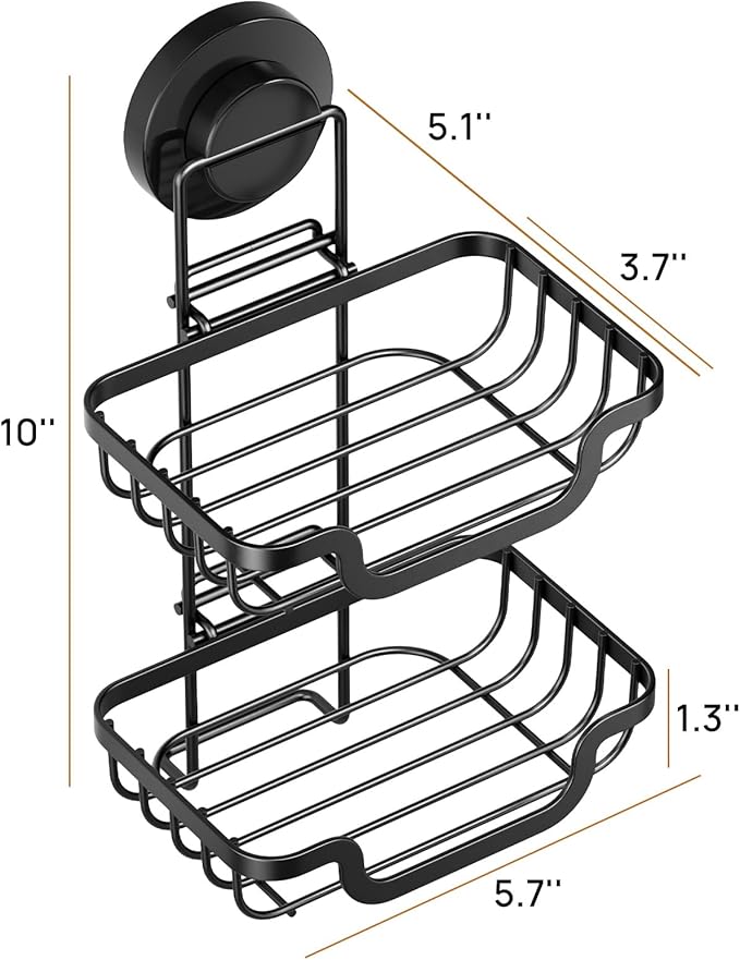 LEVERLOC 2 Tier Soap Holder, Soap Bar Dish for Shower Wall Mounted, Stainless Steel Suction Cup Sponge Holder for Bathroom Bathtub Kitchen Sink, Waterproof, Removable, Keep Dry, Black
