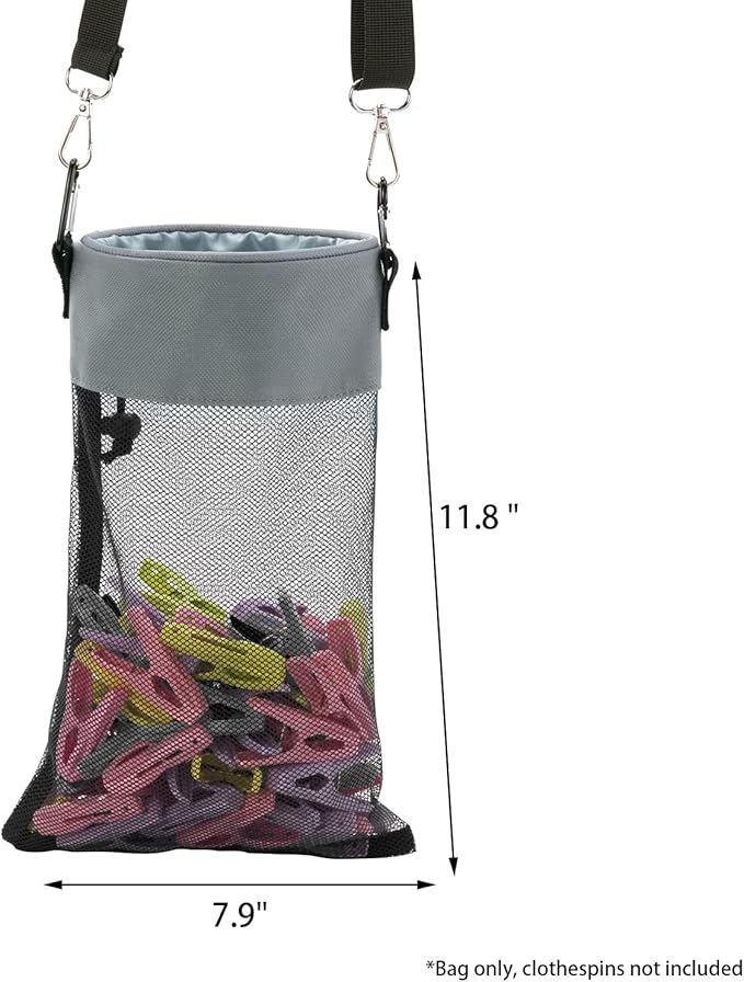 Mesh Clothespin Bag with Hooks Hanging Clothes Pin Bag with Drawstring Closure Clothespin Holder, Ventilation and Moisture Resistance, Storage Organizer, Machine Washable （Gray）