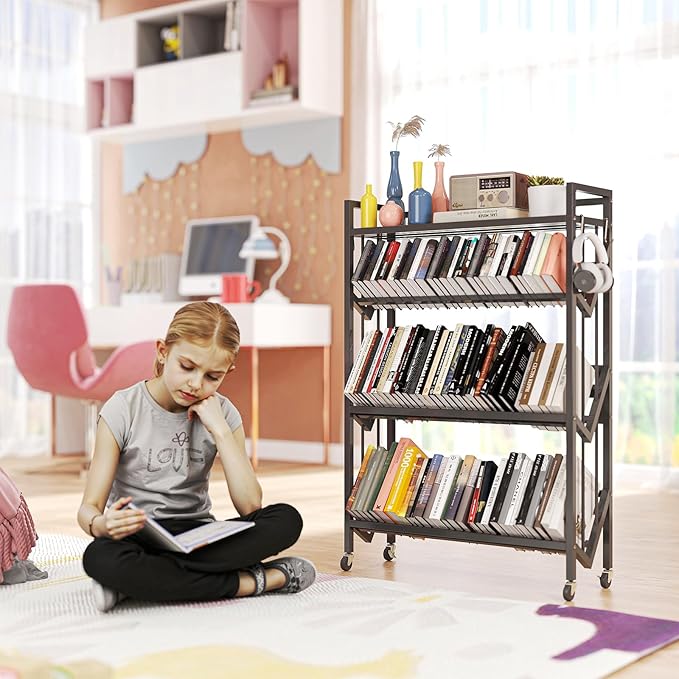 Book Carts 4 Tier 46.5x35.4x9.84 in Rolling Book Cart Large Capacity Bookshelf Storage Rack Mobile Book Storage with Wheels Cart for Home Office Living Room Classroom (Black)