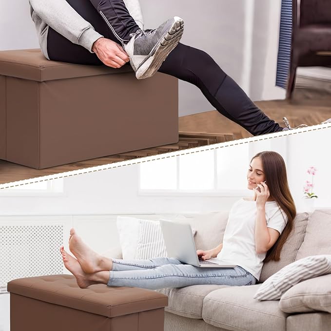 Athena Collection 30" Storage Ottoman Bench Folding Bench with 90L Hidden Storage, Large End of Bed Bench PU Leather Foot Rest Stool Chest with Flipping Lid for Living Room, Bedroom, Entryway, Brown