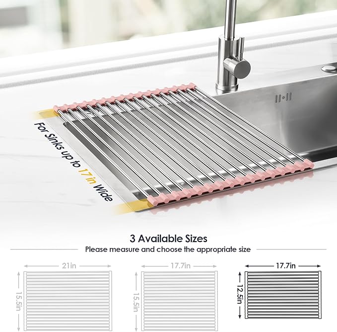Tomorotec 17.7" x 12.5" Roll Up Dish Drying Rack Over Sink Drying Rack Sink Cover Kitchen Sink Accessories Gadget Multipurpose Organizer Foldable Stainless Steel Drainer
