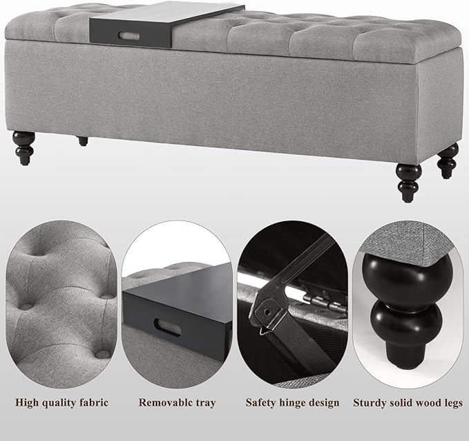 Storage Ottoman 50.2 Inches Upholstered Fabric Storage Ottoman Bench，Button Tufted Ottoman with Storage for Living Room，Bedroom End of Bed Bench Withstands 301lbs(Grey-TP)