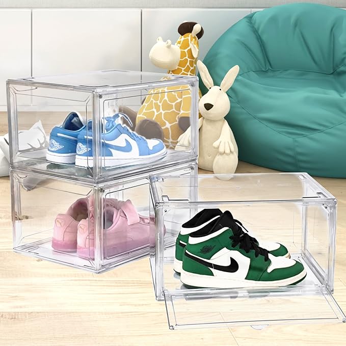 4 Pack Acrylic Shoe Boxes Sneaker Storage for Sneakerheads Clear Plastic Stackable Boot Shoe Collectibles Display Case, Size 13