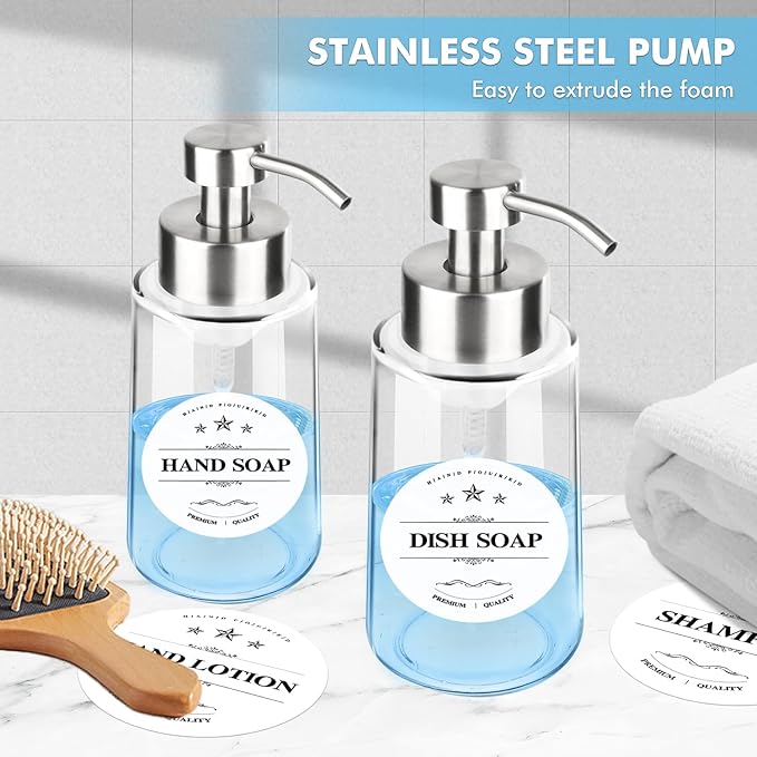 2 Pack Glass Foaming Soap Dispenser With Waterproof Labels, Hand and Dish Set, Rust Proof Stainless Steel Pump, 15 Oz Clear Bottle for Kitchen & Bathroom