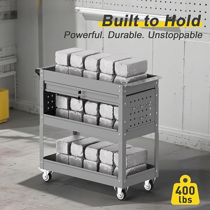3-Tier Rolling Tool Cart with Drawers, Heavy Duty Utility Storage Cart with pegboard, Lockable Metal Tool Chest on Wheels for Garage, Warehouse & Repair Shop