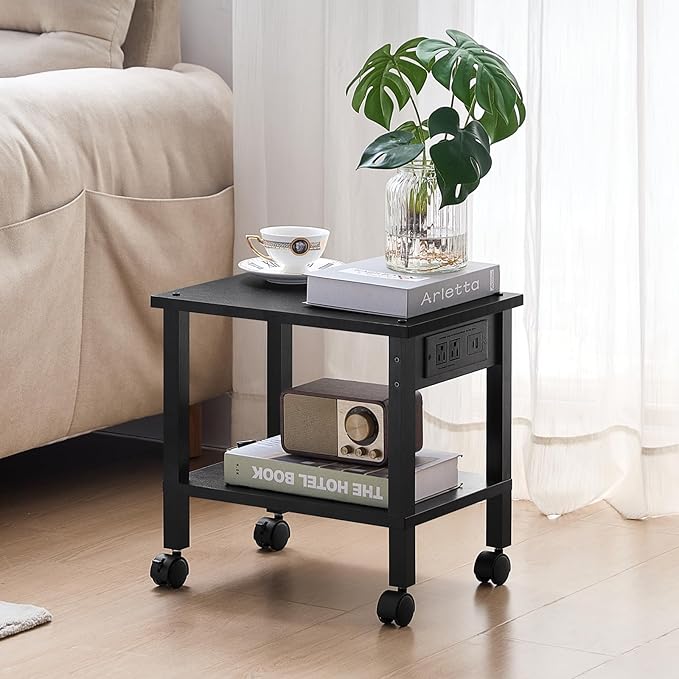 Lerliuo Under Desk Printer Stand with Charging Station, 2 Tier Wooden Small Printer Table with Storage, Rolling Printer Cart Shelf with Lockable Wheels for Home, Office (Black)