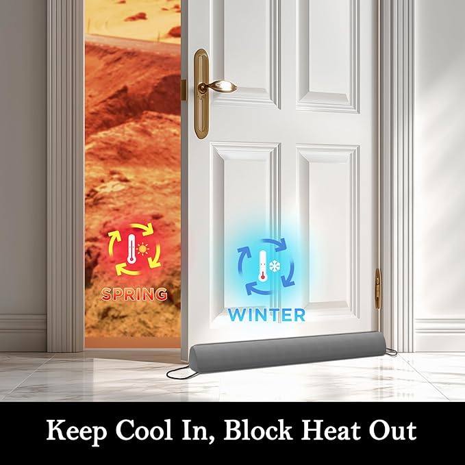 Sunolga 60" Door Draft Stopper Blocks Hot and Cold Air with Removable Washable Cover for Gaps Up to 3", All-Season Seal Strip for Noise, Wind, Door Sweep for Bottom of Door, Home Essentials, Gray
