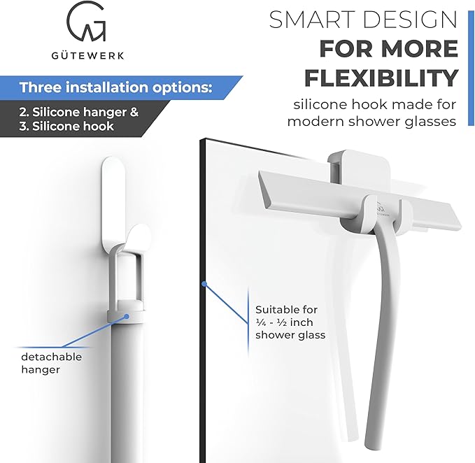 GÜTEWERK Shower Squeegee for Glass Doors, Silicone Window Squeegee, Bathroom and Glass Cleaning - White - 13 Inch