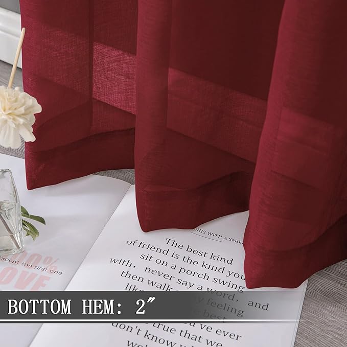 Tollpiz Sheer Tier Curtains Kitchen Linen Textured Half Curtain Sheers Light Filtering Rod Pocket Voile Bathroom Short Curtains for Farmhouse, 25 x 30 inches Long, Burgundy Red, Set of 2 Panels