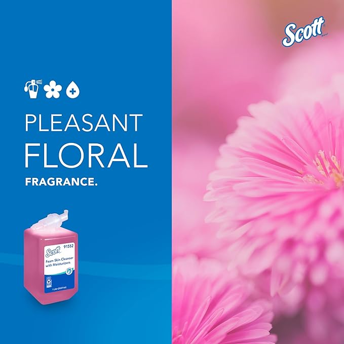 Bundle of Scott® Foam Hand Soap with Moisturizers, 1.0 L Pink, Floral Scent Refills + Scott Essential Manual Skin Care Dispenser, White Starter Kit