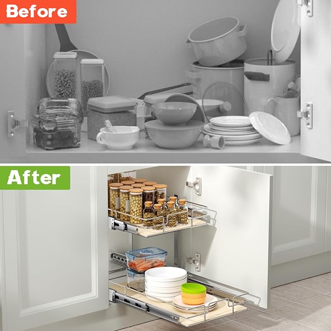 ROOMTEC 2 Tier Individual Pull Out Cabinet Organizer 10½"W x 21½"D, Slide Out Wood Shelves Organizers, Pull Out Drawers Organization and Storage for Kitchen Cabinet