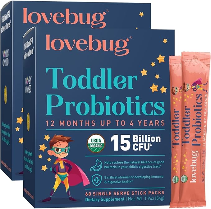 LOVEBUG Kids Probiotic Powder with Prebiotic Fiber - Toddler Immunity Support & Constipation Relief - USDA Organic Probiotics for Childrens Gut & Digestive Health (Ages 1-4) - 60 Pack (Unflavoured)
