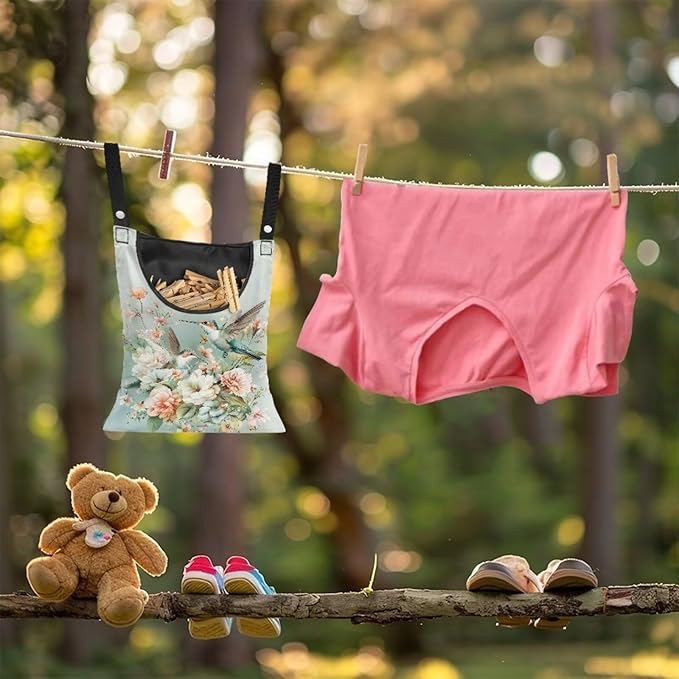 Hummingbird Floral Clothes Pin Bag to Hang On Line Reusable Clothespin Holder Laundry Room Clothespin Holder with Large Opening Space-Saving Clothespin Storage Solution