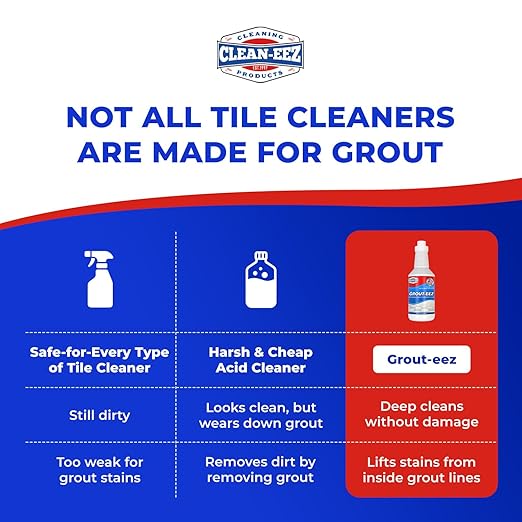 Clean-eez Grout-eez Tile Cleaner with Handheld Brush – 32 oz Heavy-Duty Stain Remover for Ceramic and Porcelain Surfaces – Safe for Colored Grout – Not for Natural Stone – Bathroom & Kitchen Use