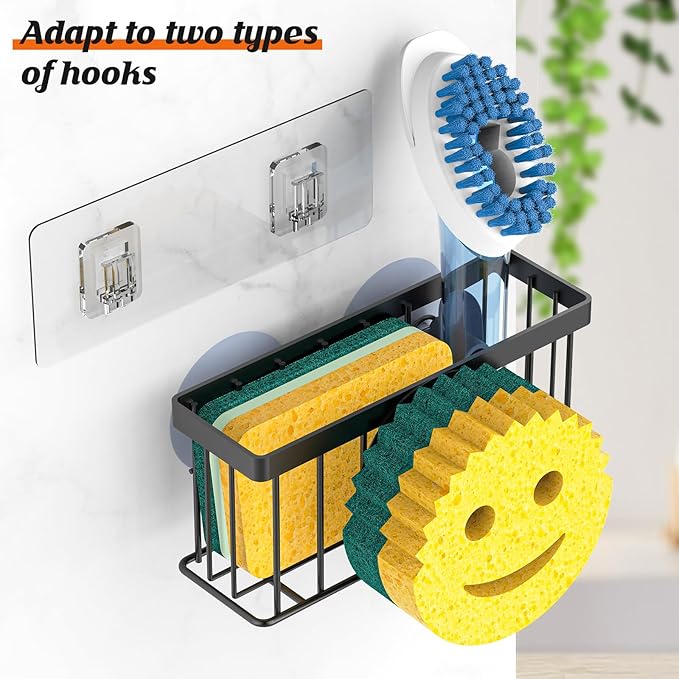 Sponge Holder Smiley Face,Sink Caddy,Sink Organizer with 2 Suction Cups/1 Adhesive Strips,Designed for Sponge,Soap,Dish Brush,Scrubber - Black