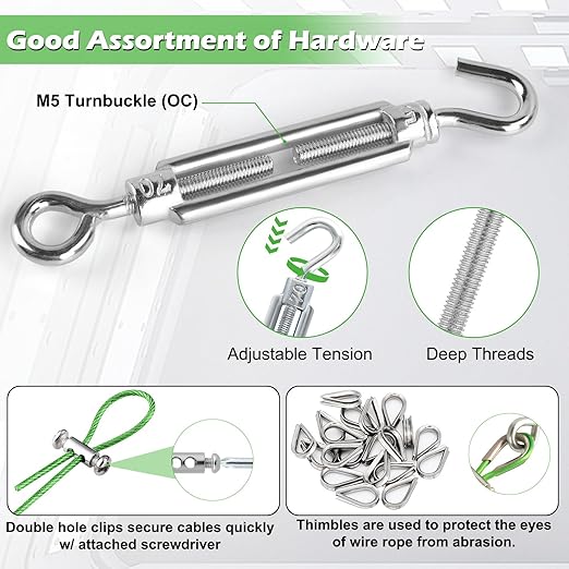 Turnbuckles for Cables Wire, 1/8" X 100Ft Green PVC Coated Wire Rope Kit, Multi-use Steel Cable for Grape Vines/Clothes Line Outdoors for T Post/String Light Hanging/Garden Cable
