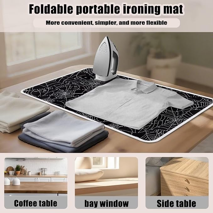Spider Web Ironing Mat Black Heat Resistant Ironing Blanket Thick Portable Travel Ironing Pad for Table Top Washer and Dryer,Large Foldable Ironing Padding 32 x 16 Inch