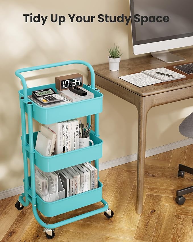 Pipishell 3 Tier Mesh Utility Cart, Rolling Metal Organization Cart with Handle and Lockable Wheels, Multifunctional Storage Shelves for Kitchen Living Room Office Turquoise