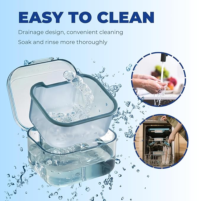 Retainer Case Denture Bath Case,Retainer Cleaner Case with Lid,Denture Cup for Partial Dentures,Mouth Guard&Braces,Denture Soaking Container Case for Travel (Blue)