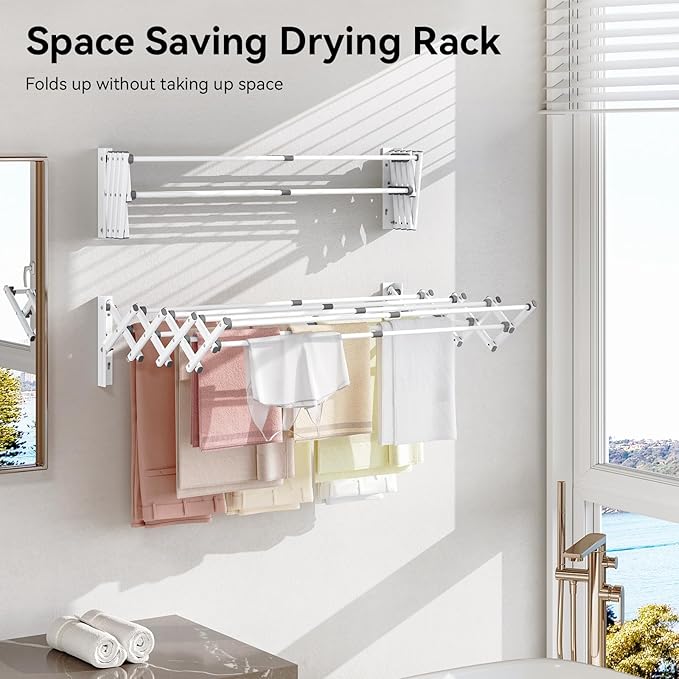 APEXCHASER Wall Mounted Clothes Drying Rack, Laundry Drying Rack Retractable, Towel Racks Wall Mounted for Bathroom Balcony Laundry Room Indoor, Foldable Accordion Dryer Rack for Clothing, White